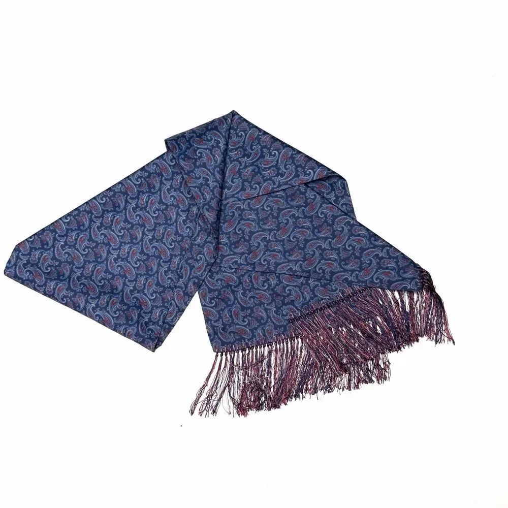 Men's Classic Doubled Dress Scarf Blue Paisley Print with Fringes